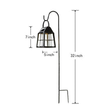 Solar LED lantern stake dimensions: 32 in tall, 7 in lantern, 5 in wide