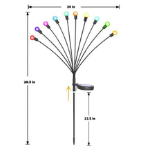 Solar stake firefly lights with multi-color bulb fan; labeled size dimensions shown