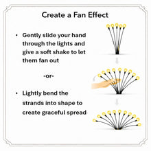 Solar firefly lights fan effect diagram with hand movement and fanned bulb stems