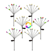 Solar firefly lights set with multi-color globe bulbs fanned on thin black stakes