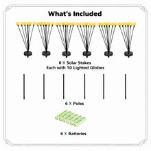 Set of 6 solar stake firefly lights with bases, thin poles, and multiple globe bulbs