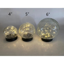 Crackle glass LED globe lights with black bases, sizes 4 in, 5 in, 6 in