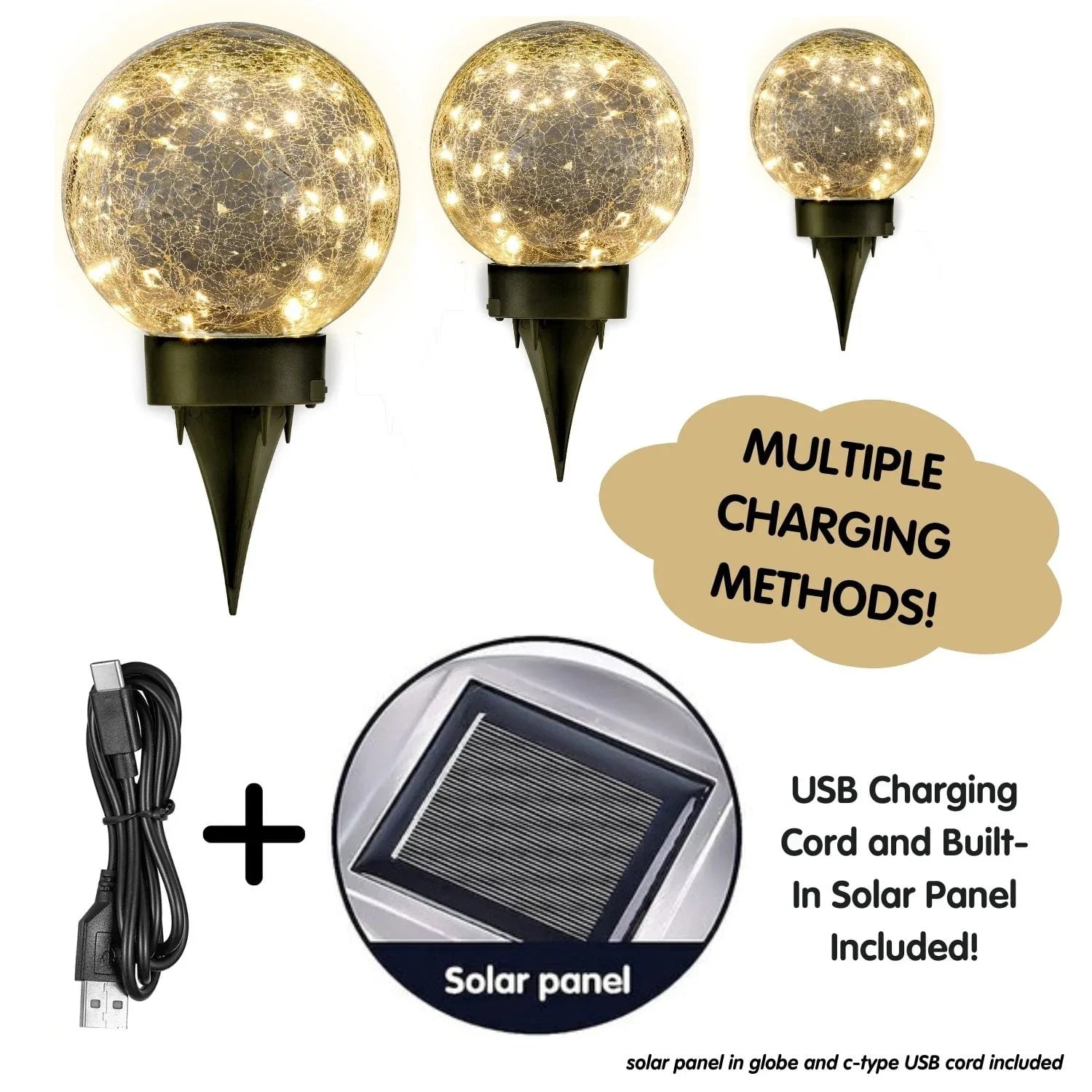 Deck Impressions Multi-Size Solar/USB LED Crackle Glass Globe Lights, 3-Pack
