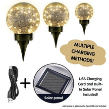 Solar LED crackle globe lights with USB cord and included solar panel, three-pack