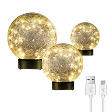 Golden crackle glass LED globe lights with black bases, three-pack