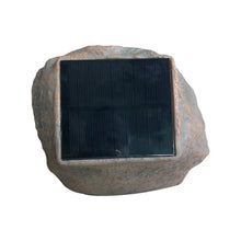 Solar rock landscape light with rectangular solar panel inset in stone housing
