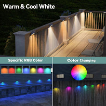 Solar deck light with warm and cool white options plus RGB color-changing display