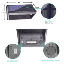 Solar deck and wall light underside with solar panel top, on/off switch, and mode button