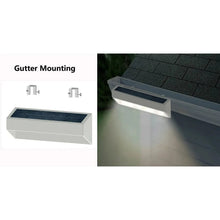 Solar gutter lights with mounting bracket, shown installed under roof edge