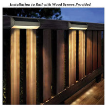 Solar gutter lights glowing under a rail with warm vertical light bars