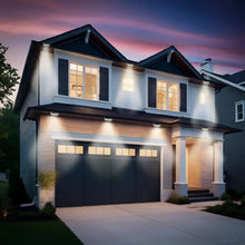 Solar gutter lights glowing along a home roof edge with warm illumination