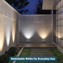 Solar spotlights casting selectable white light on a patio wall and walkway at dusk