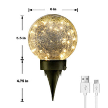 6 in crackle glass globe LED light with black stake base and USB plug