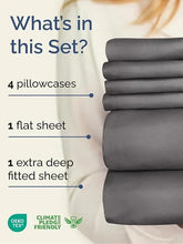 Gray bed sheet set with pillowcases, flat sheet, and extra-deep fitted sheet stack