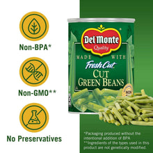 Del Monte FreshCut cut green beans can with Non-BPA, Non-GMO, and no preservatives icons.