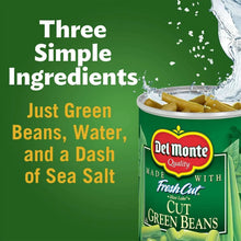 Del Monte FreshCut cut green beans can with 'Three Ingredients' message.