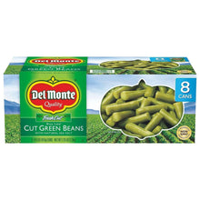 Del Monte cut green beans box showing 8 cans and green beans.