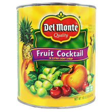 Del Monte fruit cocktail can with yellow-and-green label, light syrup, fruit graphics