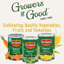 Three Del Monte canned vegetables lineup with whole kernel corn can