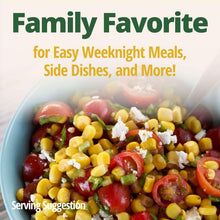 Bowl of corn with tomatoes, avocado, and cheese, suggesting whole kernel corn