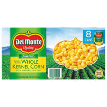 Del Monte whole kernel corn 8-can multipack carton front view with kernels