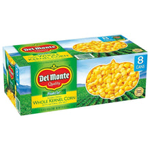 Del Monte whole kernel corn 8-can multipack carton side view with kernels