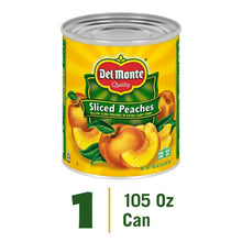 Del Monte sliced peaches 105 oz can, top and front view with label
