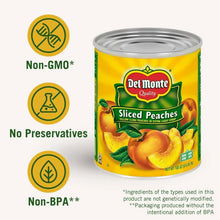 Del Monte sliced peaches can with Non-GMO, no preservatives, and Non-BPA icons