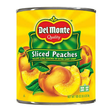 Del Monte sliced peaches in extra light syrup, 105 oz can with front label