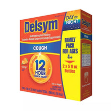 Delsym cough relief liquid family pack box, day or night, 2 x 5 fl oz bottles