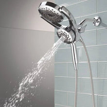 Chrome hand shower with dual spray heads and hoses, continuous water stream