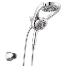 Chrome hand shower with dual spray heads and flexible hoses, matching wall mount control