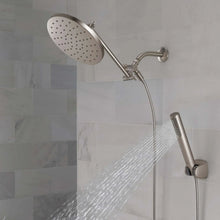 Rain shower head with adjustable arm spraying water, plus handheld sprayer on hose