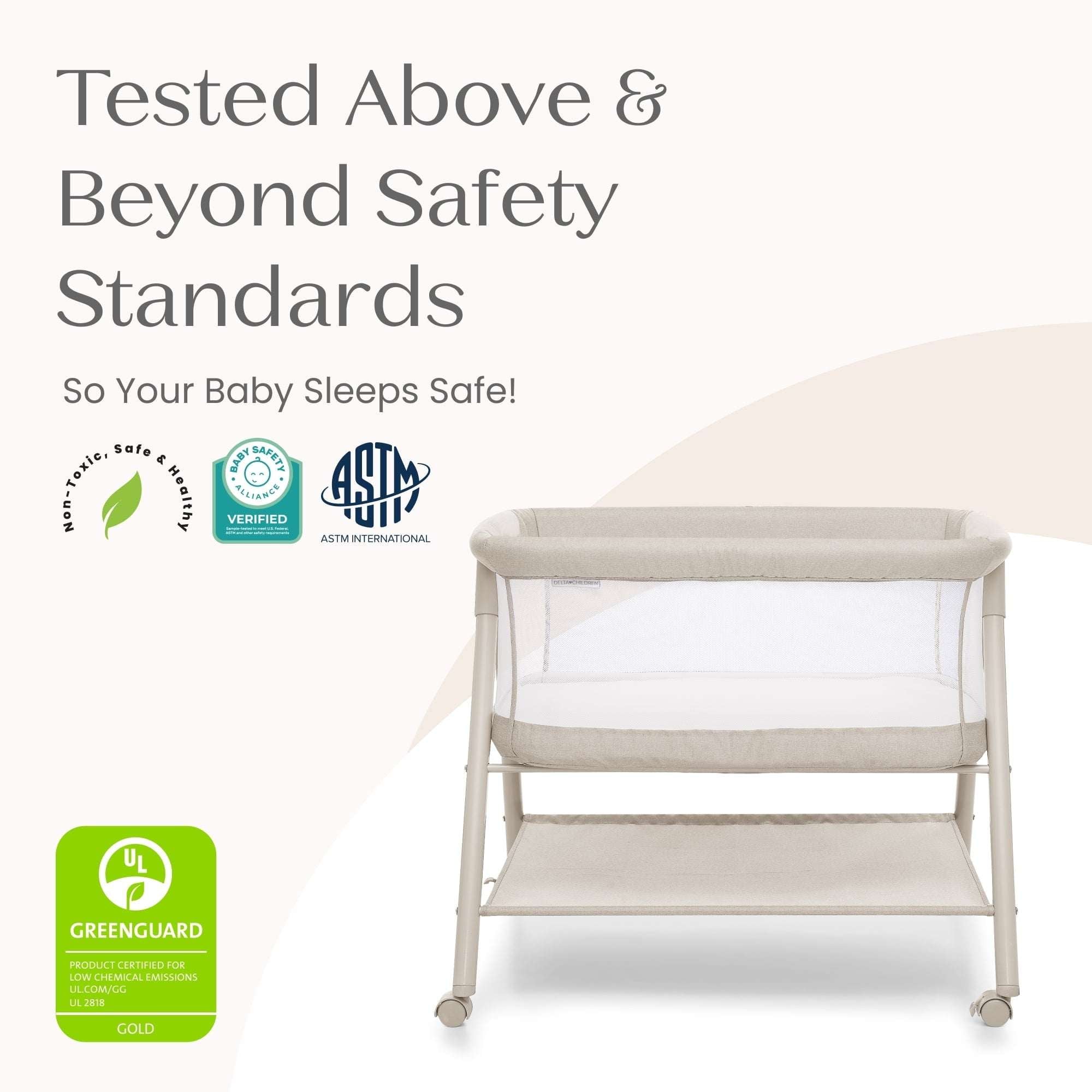 Delta Children Haven AirFlow Bassinet with Breathable Mesh and Wheels, Tan