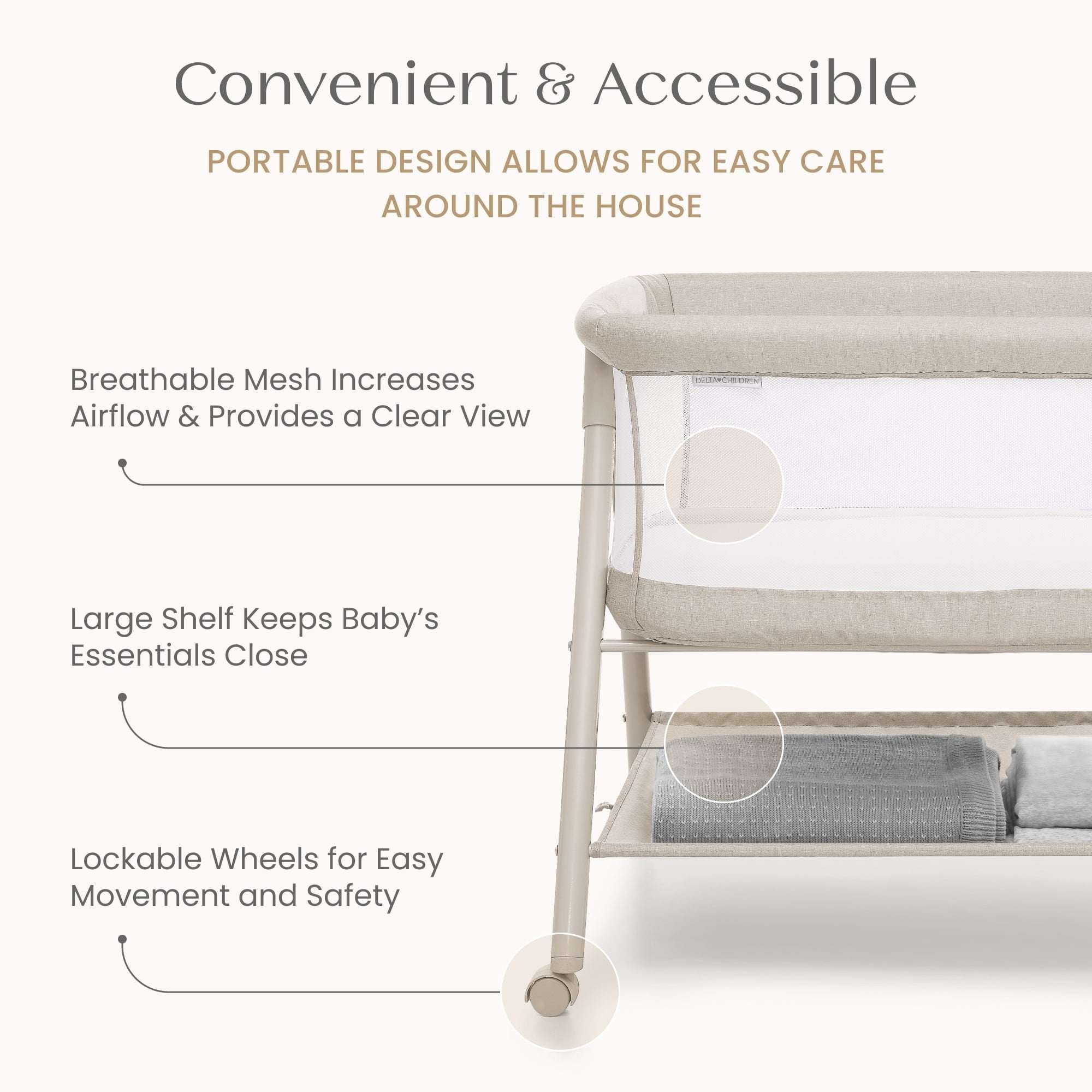 Delta Children Haven AirFlow Bassinet with Breathable Mesh and Wheels, Tan