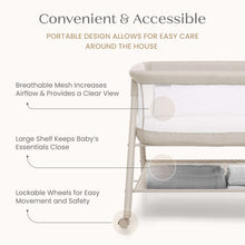Tan bassinet with breathable mesh airflow and lockable caster wheels, lower shelf