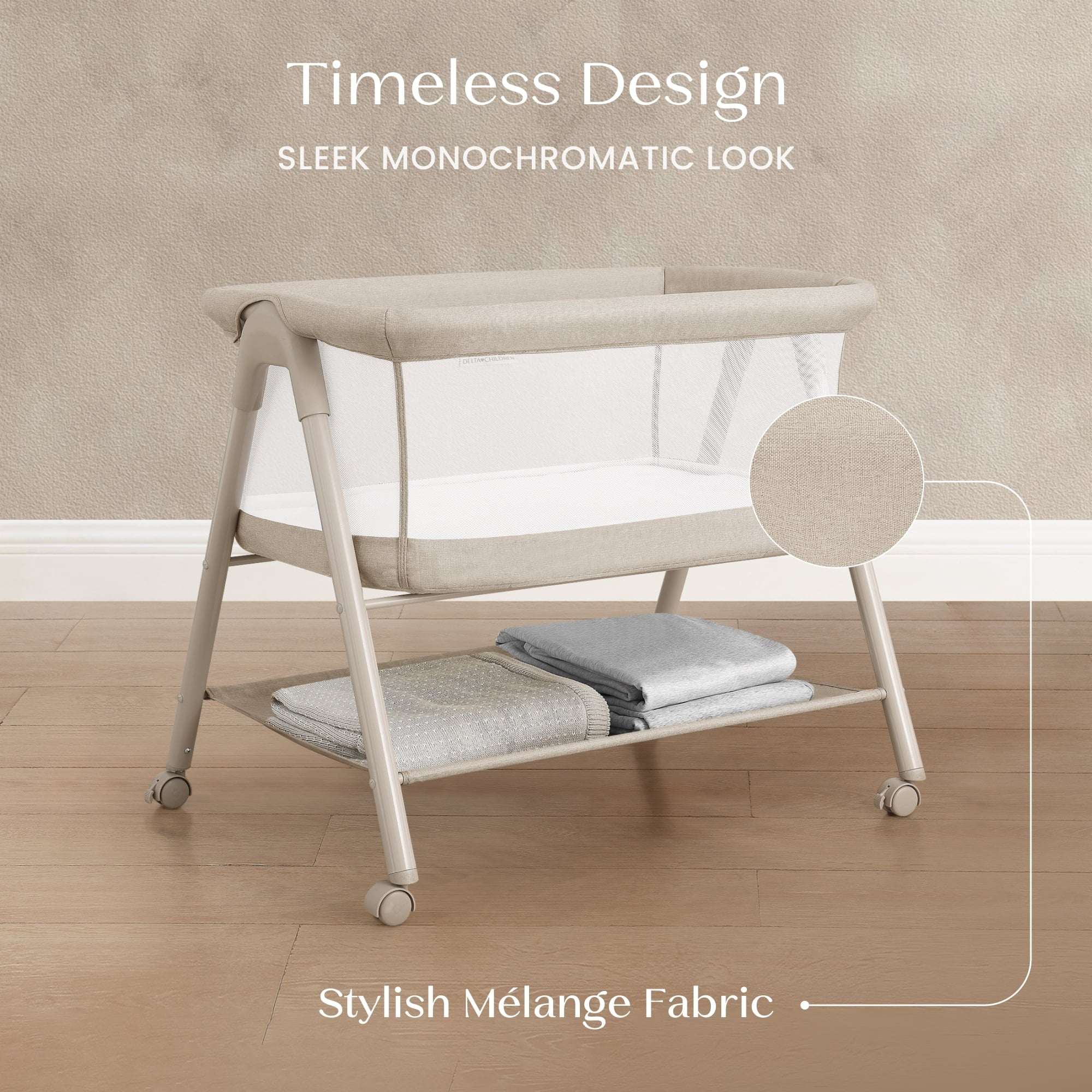 Delta Children Haven AirFlow Bassinet with Breathable Mesh and Wheels, Tan