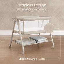 Tan bassinet with sleek frame, mesh side panels, and padded lower shelf