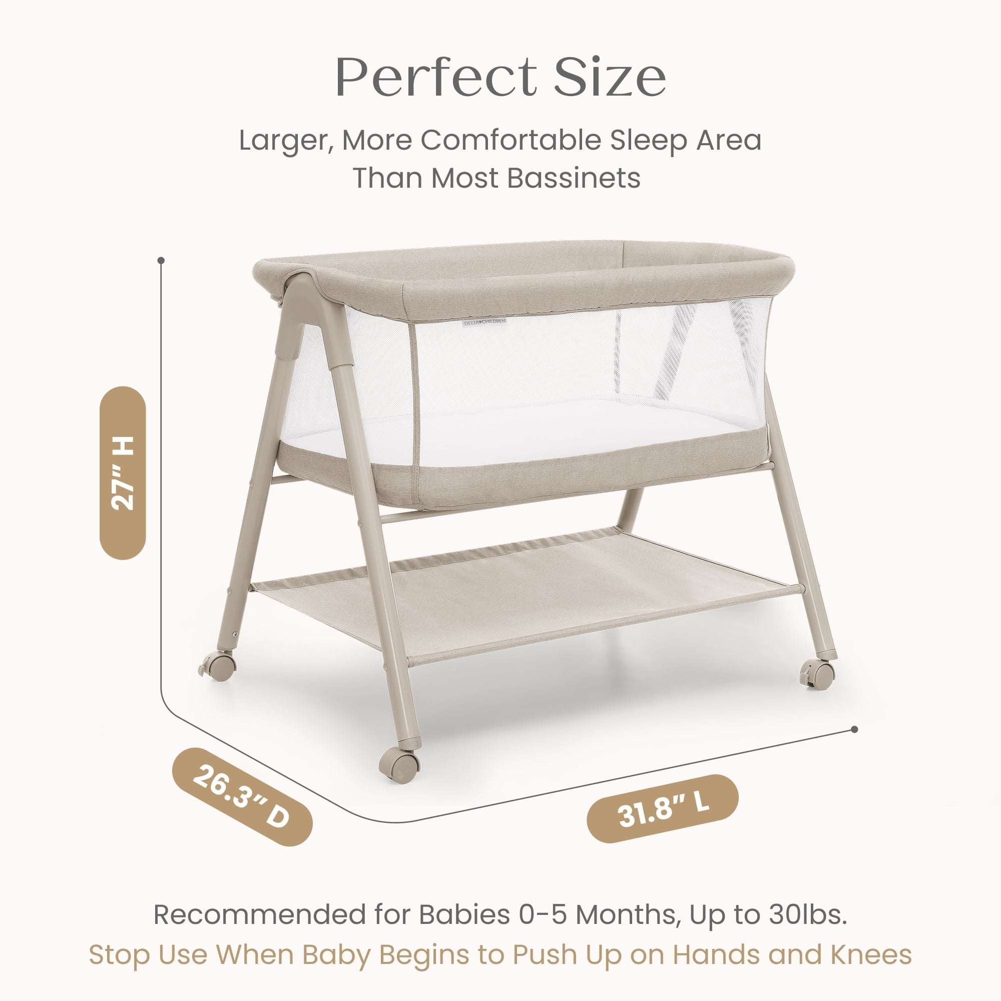 Delta Children Haven AirFlow Bassinet with Breathable Mesh and Wheels, Tan