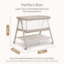 Tan bassinet with open lower shelf and caster wheels, side profile