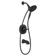 Black handheld shower head with flexible hose and wall mount bracket