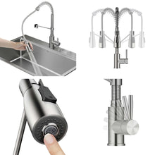 Pull-down kitchen faucet close-up: spray head, side-view, and single handle controls