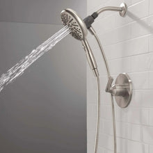 Overhead showerhead water spray with docked handheld sprayer and hose connections