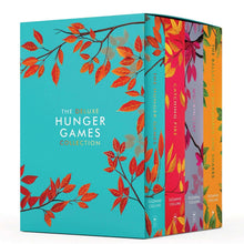 Paperback book box set with teal leaf design and three colorful spine covers