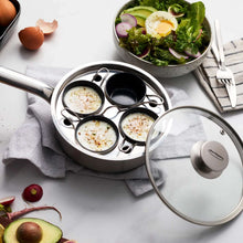 Stainless steel egg poacher set with four wells and glass lid