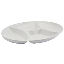 White ceramic 4-section serving tray with shallow center and outer wells