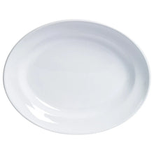 White oval stoneware serving platter with glossy surface in top-down view