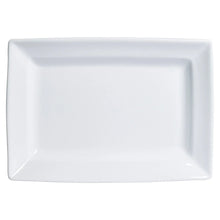 White rectangular stoneware platter with glossy finish and smooth raised edge