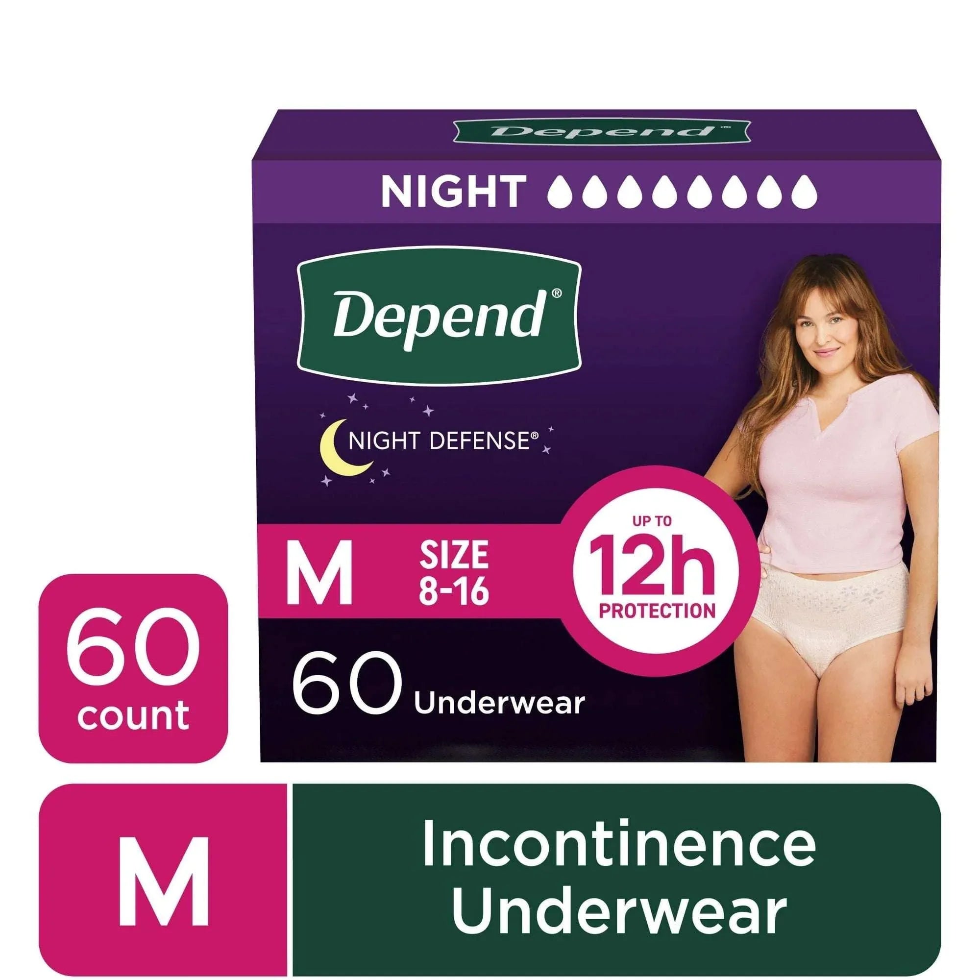 Depend Night Defense Incontinence Underwear for Women, Adult Diapers, M, 24 Count