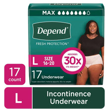 Women's incontinence underwear, size L, 17-count pack in box